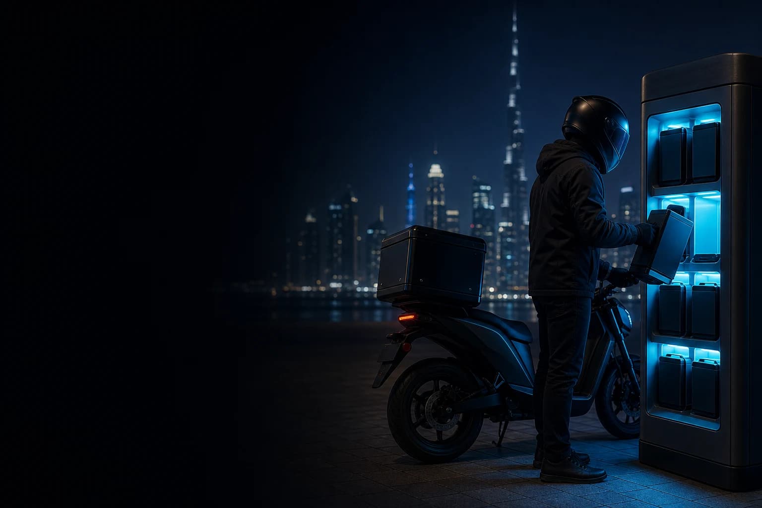 A delivery rider swapping a battery at a Wize Power station in Dubai at night