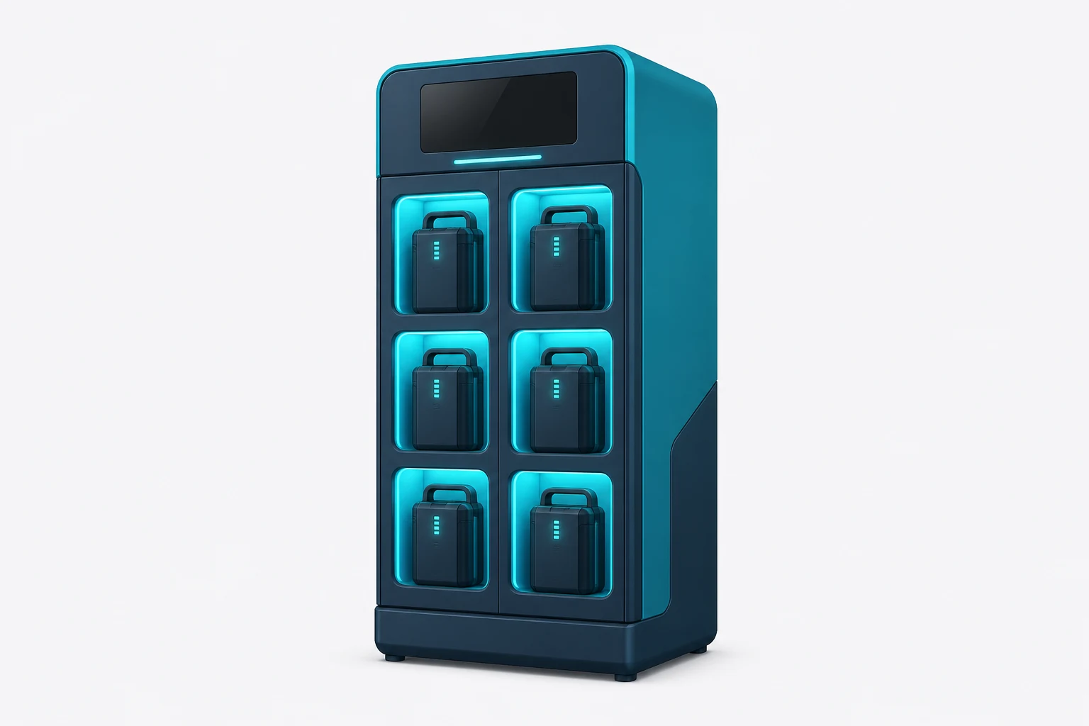 A Wize Power battery swap station with six charged battery packs
